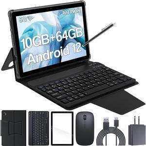 2 in 1 Tablet 10 inch Android 12 Tablets with Keyboard 10GB RAM 64GB ROM 1TB Expandable Tablet PC IPS Screen 28MP HD Camera WiFi BT 50 Google Certified Tableta Black