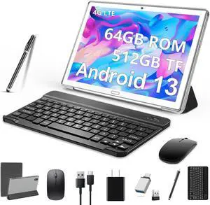 2023 Newest 10 Inch Tablet,2 in 1 Tablet with Keyboard Mouse, Android Tablet 4G Cellular with 2 SIM 1 SD-64GB ROM SD Max 512GB,Octa-Core,1080 FHD,13MP,GMS-Zertifizierung,GPS/ WIFI/ Bluetooth(Silvery)