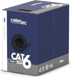 celertec CAT6 Ethernet Cable, 1000ft, 23AWG Solid Bare Copper, Unshielded Twisted Pairs(UTP), 550MHz, ETL Listed &CMR Riser Rated, Indoor, Bulk Ethernet Cable, Pull Box -Black