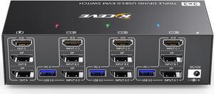 KVM Switch 3 Monitors 3 Computers 8K@60Hz 4K@144Hz, MLEEDA HDMI+2 Displayport Triple Monitor KVM Switch for 3 Computer Share 3 Monitor and 4 USB 3.0 Port, with Wired Remote and 12V Power Adapter