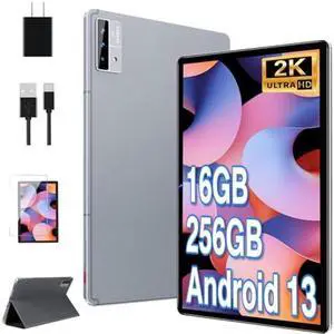 Oangcc 11 Inch Android 13 Tablet 16GB+256GB+1TB Expand 2K Display 2000 x 1200 Tablets with Octa-Core, 8600mAh Split Screen Quad Speakers, 5G WiFi 13MP Triple Camera Tablet - Grey with Case