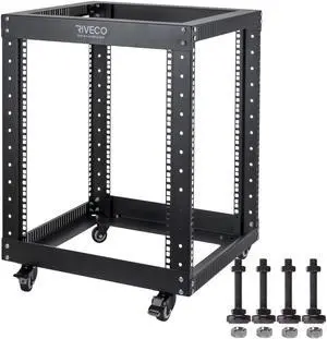 12U Server Rack Open Frame with Casters-RIVECO 4 Post Quick Assembly 19-inch, Data Rack Network Shelf Cabinet Heavy Duty Black