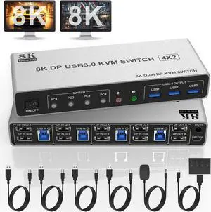 8K@60Hz Displayport USB 3.0 KVM Switch 2 Monitors for 4 Computers 8K@60Hz 4K@144Hz, DP1.4 Dual Monitor Displayport KVM Switch 4 Port with Audio Output and 3 USB 3.0, 8K DP Monitor Switch for 4 PCs