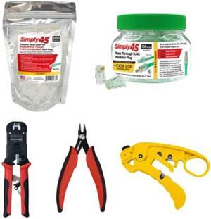 Simply45 Pass Through Cat6 UTP Starter Kit - Includes Cat6 Unshielded, Flush Cutter Tool, Strain Relief, Crimp Tool, Cable Stripper - S45-PTK6U