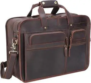 Men's Full Grain Leather Briefcase Large 17 Inch Business Travel Laptop Messenger Bag Tote with YKK Metal Zippers