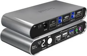 Terived 2 Port DP USB 3.0 Automatic KVM Switch Two Computers 1 DisplayPort Monitor switcher, 8K@30Hz 4K@144Hz, Aluminum hotkey Audio mic, Digital Display, HDR10 with Cables