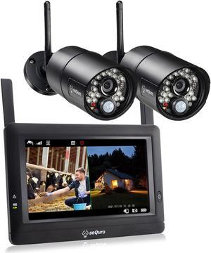 seQuro GuardPro Wireless Surveillance DVR/NVR 2 in 1 Security Camera System with Monitor, IP66 Weatherproof Outdoor, HD Night Vision, AC-Powered Camera, 4CH Touchscreen Display,2-cam Kit, Black