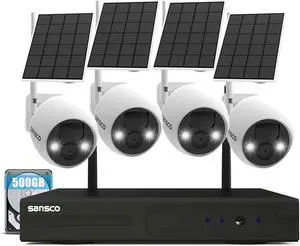 SANSCO Wire-Free Solar Battery Powered Security Camera System, 10 Channel 2K NVR Wireless Recorder with 500GB Hard Drive, 4X 4MP Outdoor WiFi IP Camera with Solar Panel, Night Vision, 2 Way Audio
