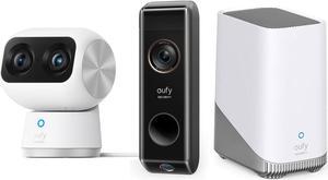 eufy Security Indoor Cam S350, Dual Cameras, 4K UHD Resolution Security Camera with 8x Zoom and 360deg PTZ Video Doorbell S330 (Battery-Powered) add-on + HomeBase 3