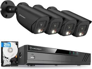 Amcrest 5MP Security Camera System, 4K 8CH PoE NVR, (4) x 5-Megapixel Night Color Bullet POE IP Cameras, Active Deterrent, Pre-Installed 2TB Hard Drive, NV4108E-B1276EB4-2TB (Black)