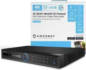 Amcrest 4K 32-Channel AI NVR (16-Port PoE) Smart NVR, Facial Recognition, Facial Detection & Vehicle Detection - Supports 32 x 4K IP Cameras, Supports up to 2 x 16TB HDD (Not Included) NV4232E-16P-EI