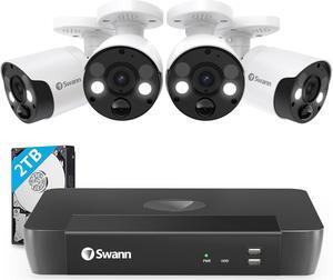 Swann Home Security Camera System with 2TB HDD, 8 Channel 4 Cam, POE Cat5e NVR 4K HD Video, Indoor or Outdoor Wired Surveillance CCTV, Color Night Vision, Heat Motion Detection, LED Lights, 886804FB