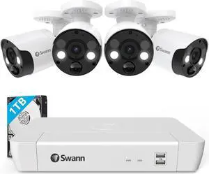 Swann Pro 4K Ultra HD Security Camera System, 8 Channel 4pcs PoE IP Cameras, Cat5e Wired NVR System with 1TB HDD, Color Night Vision, LED Light, True Detect, 24/7 Surveillance CCTV, Indoor/Outdoor