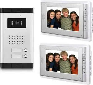 AMOCAM 2 Units Apartment Video Intercom System, 7 Inch Monitor Wired Video Doorbell Door Phone Kits, Indoor Outdoor IR Camera, Monitoring, Unlock, 2 Way Intercom for Home Apartment