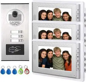 AMOCAM 3 Units Apartment Video Intercom System, 7 Inch Monitor Wired Video Doorbell Door Phone Kits, Indoor Outdoor IR Camera, ID Keyfob Unlock, Monitoring, 3-Monitors for Home Apartment