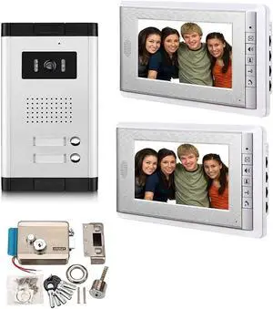 AMOCAM 2 Units Apartment Video Intercom System + Electronic Door Lock Video Door Phone Kit, 1 pcs Night Vision Camera, 2 pcs 7 Inches Monitor Wired Video Doorbell System