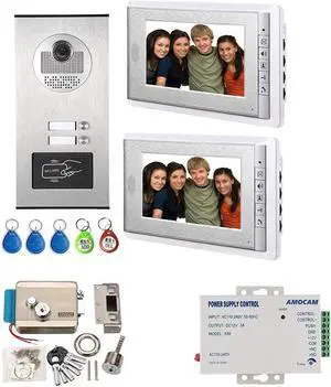 AMOCAM Apartment Video Intercom System and Electric Control Door Lock and 12V Power Supply Control Support ID Keyfob unlock for 2 Units Apartment Household