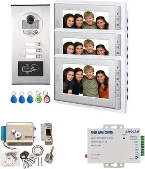 AMOCAM Apartment Video Intercom System and Electric Control Door Lock and 12V Power Supply Control, Support Keyfob Unlock for 3 Units Apartment Household