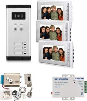 AMOCAM Apartment Video Intercom System and Electric Control Door Lock and 12V Power Supply Control for 3 Units Apartment Household
