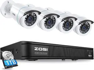 ZOSI H.265+ 1080p Home Security Camera System with AI Human Vehicle Detection, 5MP-Lite 8 Channel CCTV DVR Recorder with 1TB HDD, 4 x 1080p Weatherproof Bullet Camera Outdoor Indoor, 80ft Night Vision