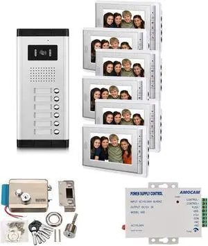 AMOCAM Apartment Video Intercom System and Electric Control Door Lock and 12V Power Supply Control for 6 Units Apartmen