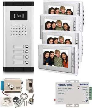 AMOCAM Apartment Video Intercom System and Electric Control Door Lock and 12V Power Supply Control for 4 Units Apartment Household