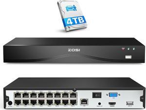 ZOSI 4K 8MP 16 Channel H.265+ PoE NVR with 4TB for 24/7 Record, Supports up to 16 X 2MP/4MP/5MP/8MP ZOSI PoE IP Cameras, 2 SATA Ports up to 8TB for Extended Recording, Remote Access, Motion Detection