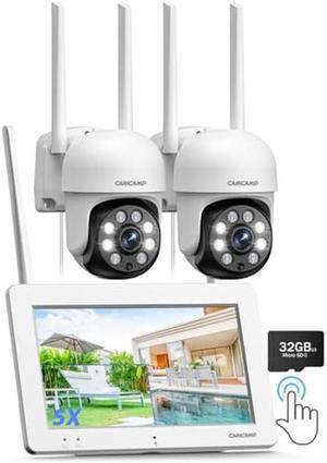 CAMCAMP 3MP Wireless Security Camera System with 7" Touch Monitor &32GB Card, 2K Wired Outdoor Camera, No Monthly Fee, 360deg PTZ Color Night Vision, 24/7 Record Motion Detection 2-Way Talk APP Alert