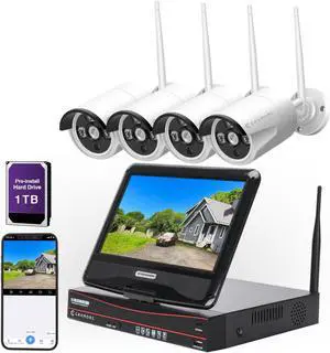 10CH Expandable Wireless Security Camera System with 10.1" Monitor 4pcs 3MP Indoor Outdoor Camera 1-Way Audio Night Vision Motion Detection Home Business CCTV Surveillance 1TB HDD