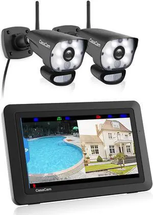 CasaCam Wireless Security Camera System | 7" Touchscreen Monitor with 2 Spotlight HD Cameras | AC Powered, Two-Way Audio, Free APP, SD Card and Battery Installed, Model VS1002