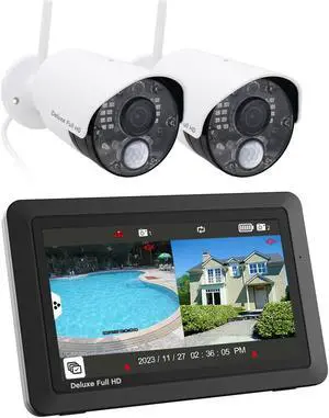 CasaCam Deluxe Wireless Camera System | 2 1080p Cameras and one 7" Touchscreen Monitor | AC Powered, Two-Way Audio, Free APP, 32GB SD Card and Battery Installed, Model VS5802