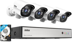 JouSecu 3MP PoE Security Camera System, Upgrade 8CH HD PoE NVR with 1TB HDD for 24-7 Recording, True Plug & Play, 4pcs PoE Security Cameras Wired with IP66 Waterproof
