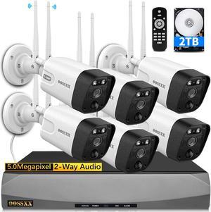 (5.0MP & PIR Detection) 2-Way Audio, Dual Antennas Security Wireless Camera System 3K 5.0MP 1944P Wireless Surveillance Monitor NVR Kits with 2TB Hard Drive, 6Pcs Outdoor WiFi Security Cameras