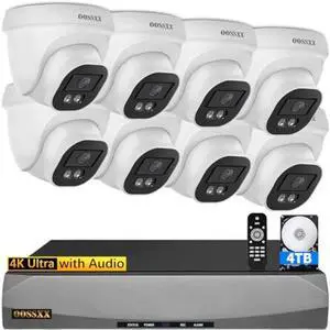 OOSSXX (4K/8.0 Megapixel & 130deg Ultra Wide-Angle) with Audio PoE Dome Outdoor Home Security Camera System, Wired Outdoor Surveillance IP Cameras System