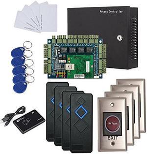 4 Doors IP Based Security Access Control Kit with Metal Case 110V Power Box RFID Reader+Infrared Exit Button+Desktop Enroll Reader+RFID Keychains/Cards Phone APP remotely Open Door