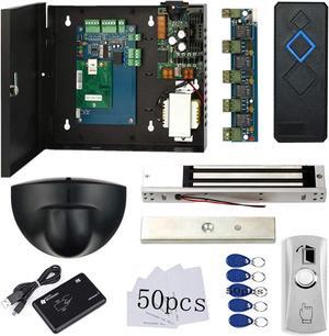 1 Door Access Control Board Systems with Fire Alarm Control Panel Magnetic Lock RFID Reader Exit Motion Sensor Metal Exit Button with Base 110~240V Power Supply USB Enroll Reader RFID Card Key Fob