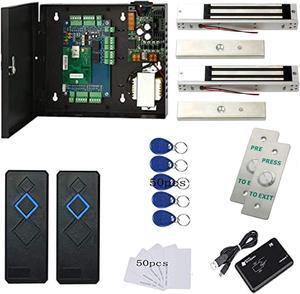 2 Door Access Control Panel System Kits with 600lbs Waterproof Magnetic Lock RFID Reader Metal Weatherproof Exit Button 110V Power Supply Box USB Reader RFID Card Key Fob Phone APP Remotely Open Door