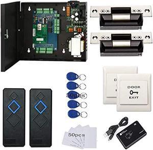 2 Door Access Control Board System Kits with 110-240V Power Supply Box North American ANSI Electric Strike Lock RFID Reader Exit Button Enroll Reader RFID Card & Key Fobs,Phone APP Remotely Open Door