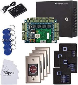 4 Doors Security Access Control Systems with RFID Keypad Reader+Infrared Exit Button+Metal Case 110V-240V Power Box+USB Enroll Reader+RFID Cards/Key Fobs TCP/IP Based Phone APP remotely Open Door