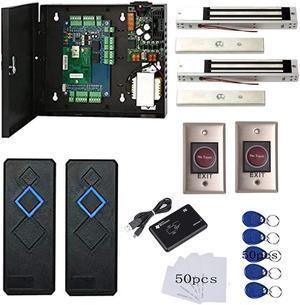 2 Door Access Control System with 600lbs Magnetic Lock Access Control Panel 110V Power Supply Box RFID Reader No Touch Exit Button Enroll USB Reader RFID Card Key Fob Phone APP Remotely Open Lock