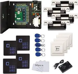 4 Doors Complete TCP/IP RFID Access Control Systems with North American Standard Electric Strike for Latch Doors Keypad Reader 110V Power Supply Box Phone APP Remote Open Door