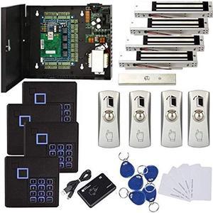 TCP/IP 4 Door Access Control System Metal Exit Button with Base,RFID Keypad Reader,Electromagnetic Lock,USB Enroll Reader,110-240V Power Supply Box,RFID Cards/Key fobs(Phone APP remotely Open Door)