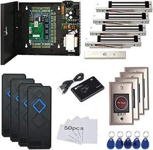 4 Door Access Control System with 600lbs Magnetic Lock Access Control Panel 110V Power Supply Box RFID Reader No Touch Exit Button Enroll USB Reader RFID Card Key Fob Phone APP Remotely Open Lock