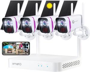 XMARTO Wire-Free Solar Home Security Camera System Wireless, 4-Set 2K 4MP QHD CCTV Camera Kit with 4K 10CH Expandable WiFi NVR and Past 90-Day Video Storage, All-Weather Solar Charge (SCS-2K104)