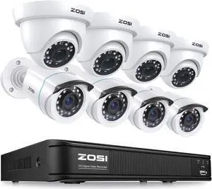 ZOSI H.265+ 1080p Home Security Camera System Indoor Outdoor, 5MP Lite CCTV DVR 8 Channel and 8 x 1080p Weatherproof Surveillance Bullet Dome Camera, Remote Access, Motion Detection (No Hard Drive)