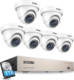 ZOSI 5MP Lite Security Cameras System with 1TB Hard Drive,H.265+ 8Channel DVR and 6pcs 1080P HD 1920TVL Indoor Outdoor Surveillance CCTV Dome Cameras,Night Vision,Remote Access,for 24/7 Recording