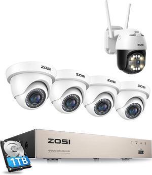 ZOSI Security Cameras System with 1TB Hard Drive & 1*ZOSI C296 5MP WiFi PTZ Camera,H.265+ 8Channel HD TVI DVR Recorder and 4pcs 1080P HD 1920TVL Indoor Outdoor Surveillance CCTV Dome Cameras with Nigh