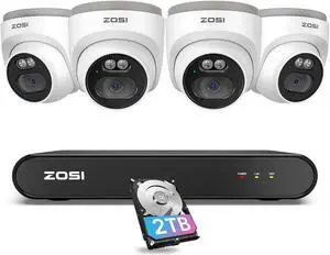 ZOSI C220 8CH 4MP QHD 2.5K PoE Home Security Camera System, 8CH 5MP 3K NVR with 2TB HDD for 24/7 Record, 4 x 4MP(1440p) Dome IP Cameras Outdoor Indoor, Smart AI Human Detection, One-Way Audio