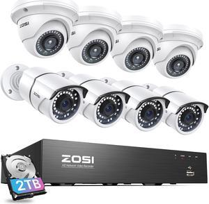 ZOSI 4K 8CH PoE Security Camera System, 8 Ports 16CH 8MP NVR Recorder with 2TB HDD, 8pcs Weatherproof 5MP Outdoor Indoor Home Surveillance IP Cameras, Night Vision, Motion Alert, for 24/7 Recording