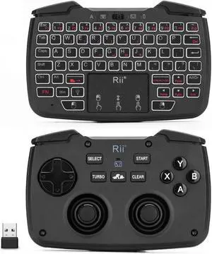 (Backlit Version)Rii RK707 3 in 1 Multifunctional 2.4GHz Wireless Portable Game Controller 62-Key Rechargeable Keyboard Mouse Combo Turbo Vibration Function for PC/Raspberry pi2/Android TV Google/TV B